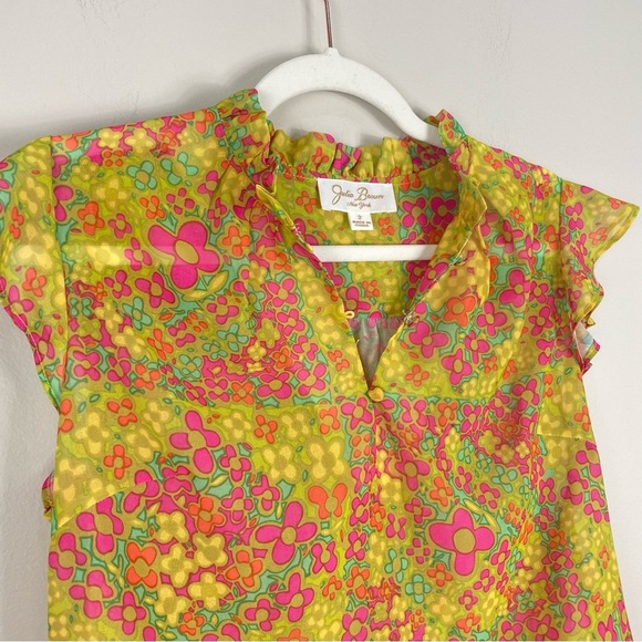 Julie Brown Top Womens 2 Blouse Neon Floral Ruffle Neckline Short Sleeve Green - Picture 3 of 7